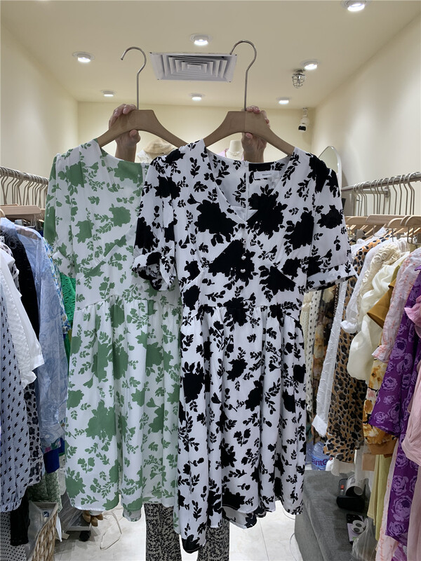 [macaroon] Vintage Print Bubble Sleeve Chiffon Dress 909# PCZ