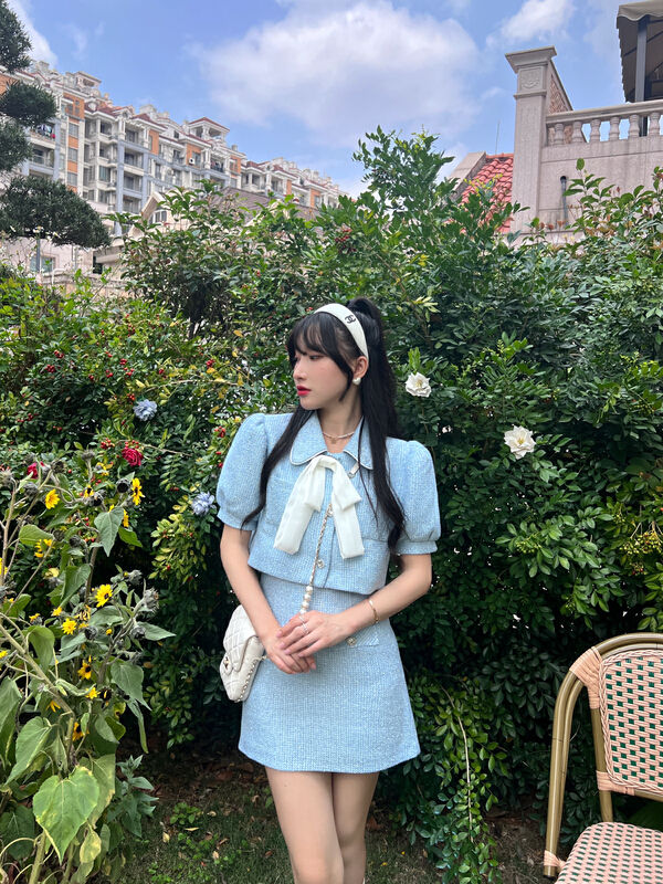 goods in stock! New in early summer! [CXI] bow tie small fragrance style blouse + lady thin solid color skirt set (with brooch and detachable bow tie) a9088# WPL