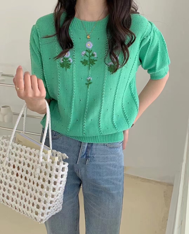[pan] exotic flower embroidery bubble sleeve sweater 00286# PCZ