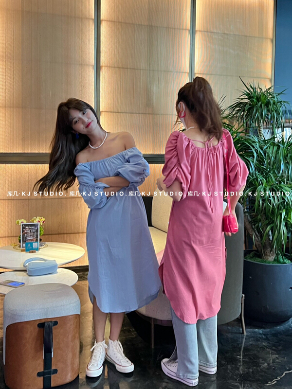 New in early summer! [kJ] Korean one shoulder square neck two side split bubble sleeve dress 3249# zxl