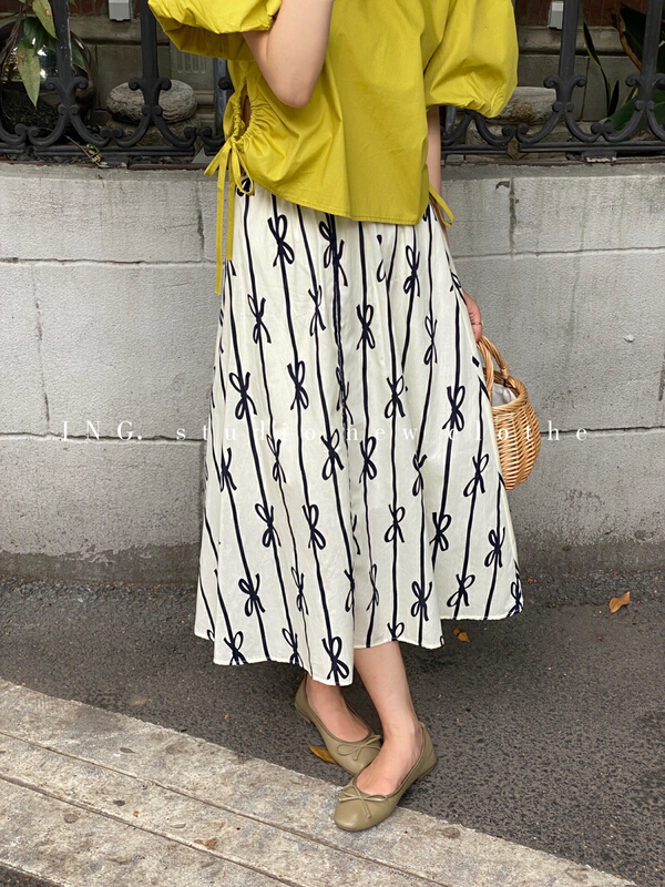 [ing] Vintage versatile bow print high waist slim vertical stripe skirt ing-7749# HBx