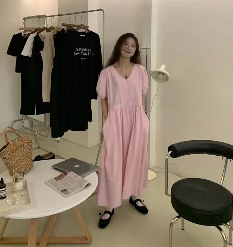 [buyer Yan Xuan have u] Korean version loose bubble sleeve V-neck dress s0152# Cl
