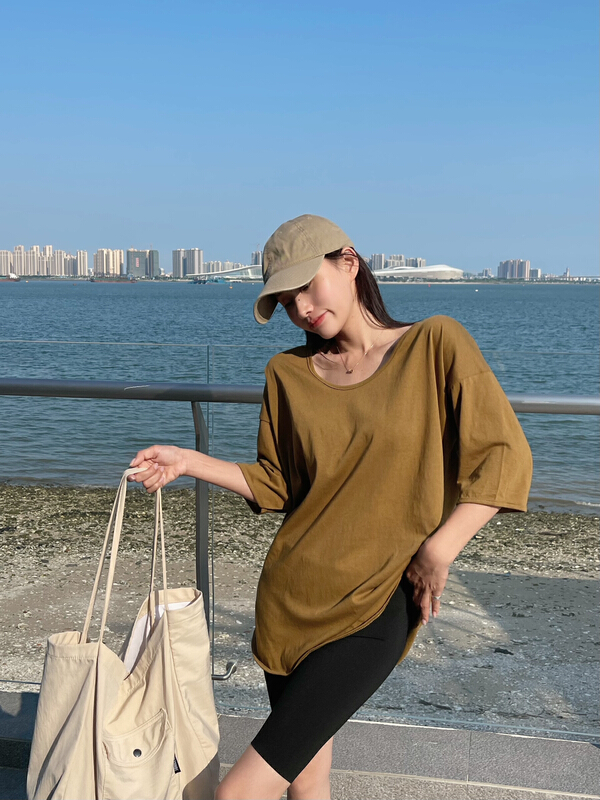 [misu rice plain] simple and versatile loose solid color short sleeve T-shirt 6614# ll