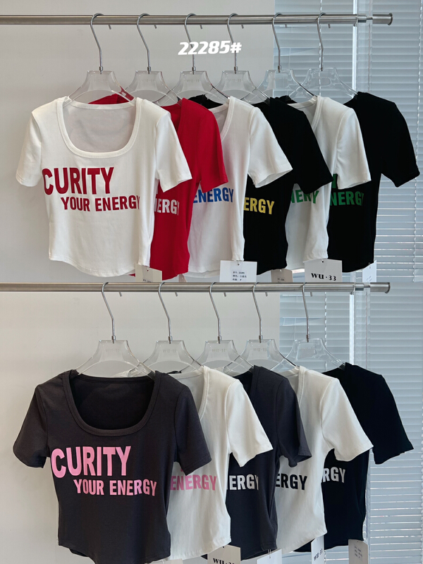 Main push 11 colors! [Wu. 33] square neck lettered printed elastic short sleeve T-shirt 22285# WTT
