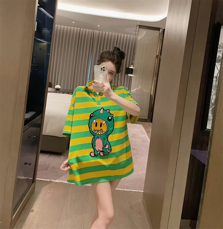 New in early summer! [big C studio] heavy craft embroidery small dinosaur Stripe Polo Shirt 1769# PCZ