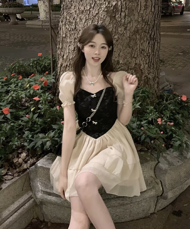 [JH] Xiaoxiang Lantern Sleeve stitched contrast dress 41559# PCZ