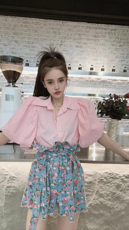 [mi ni] aging pleated bubble sleeve shirt 1104# PCZ