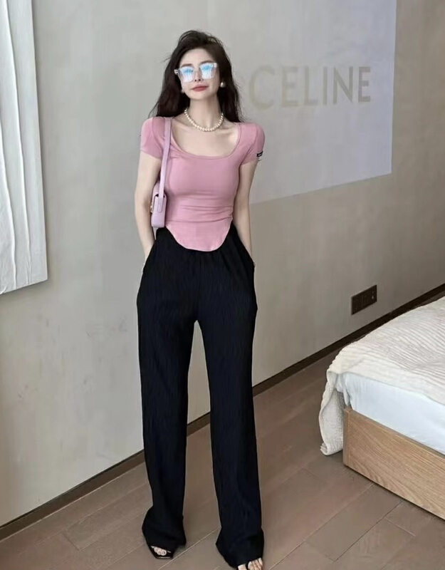 [JH] slim fit solid color short sleeved T-shirt + loose straight casual pants set 41707# PCZ