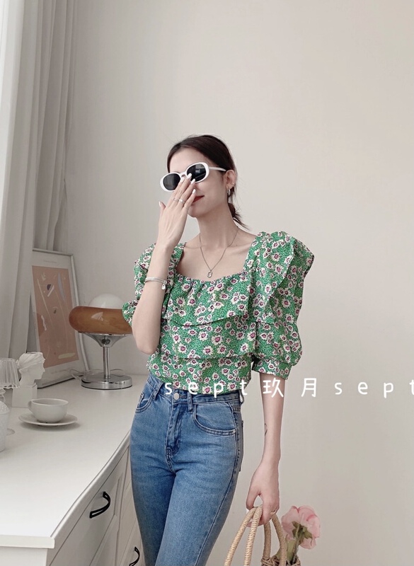 New in early summer! [set] Korean style square neck Ruffle shirt 2015# zxx