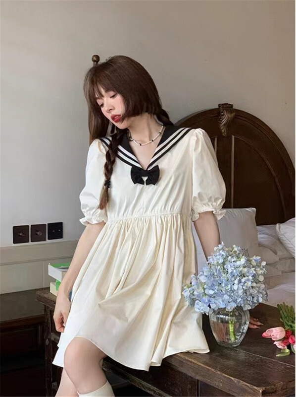 [nxby] college style Navy collar waist dress ys1-009# ozq
