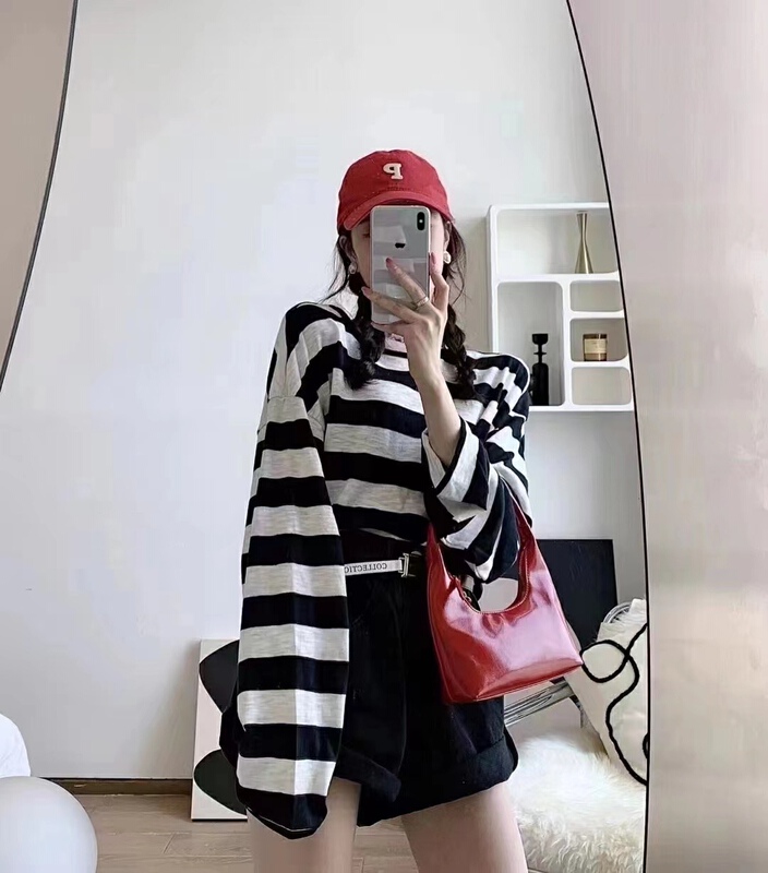 New in early summer! [OIT] crew neck stripe back kink long sleeve T-shirt 765-1# HBx