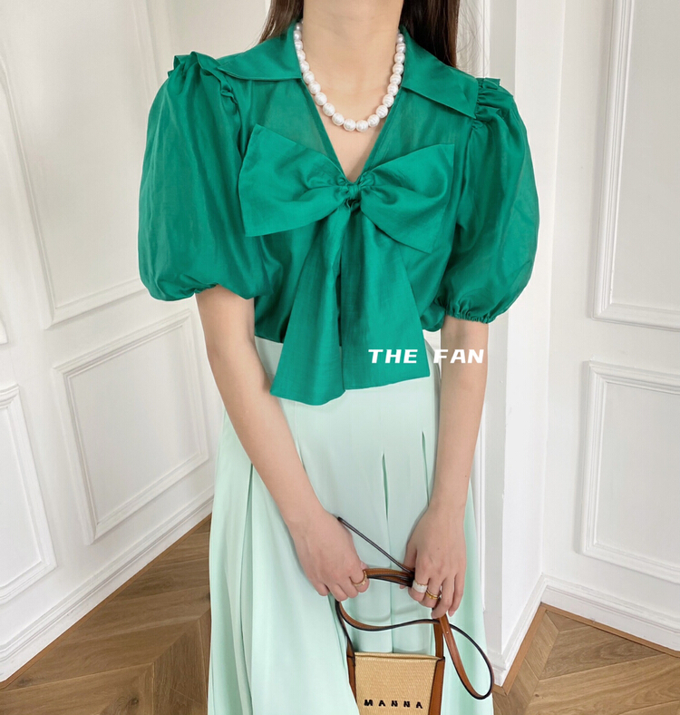 goods in stock! [the fan] French bow bubble sleeve blouse 96682# zxx