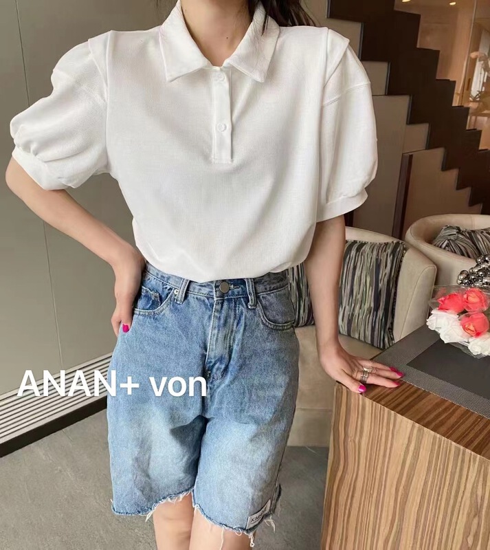 New in early summer! [Anan +] Korean double layer bubble sleeve solid color Pullover short sleeve T-shirt 317# WTT