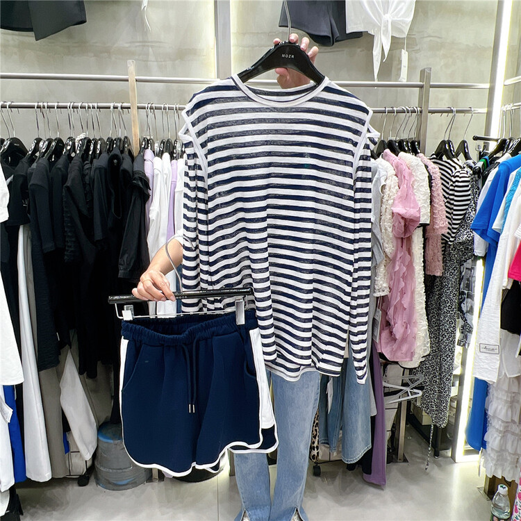 [mozr] striped loose short sleeve T-shirt + versatile fashion casual pants set 9011# XYJ