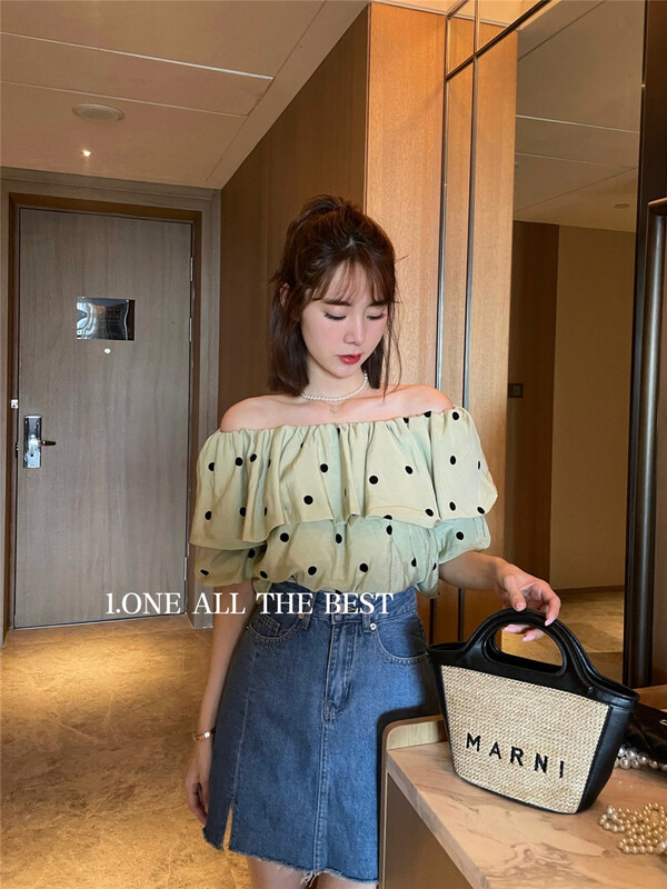 New in early summer! [1. One] French shoulder wave dot T-shirt 8059# WPL