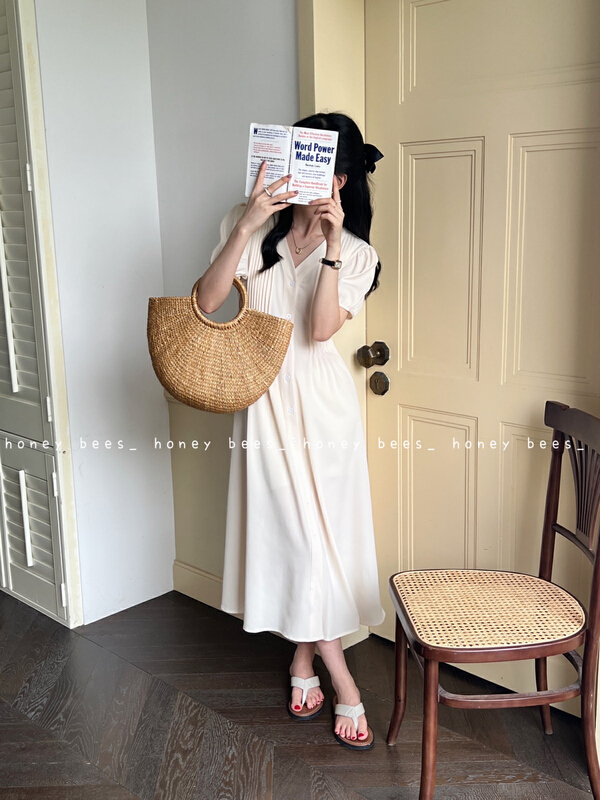 [honeybees] pleated single breasted ladies dress ys1-8887# L