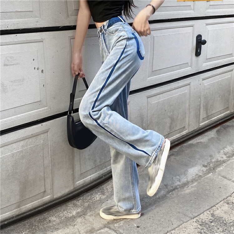 [x · h studio] contrast color wide leg washed high waist SLIM STRAIGHT casual jeans 5687# ozq
