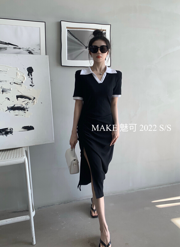[make Meike] Korean color contrast Lapel slim fitting dress 50074# XJ