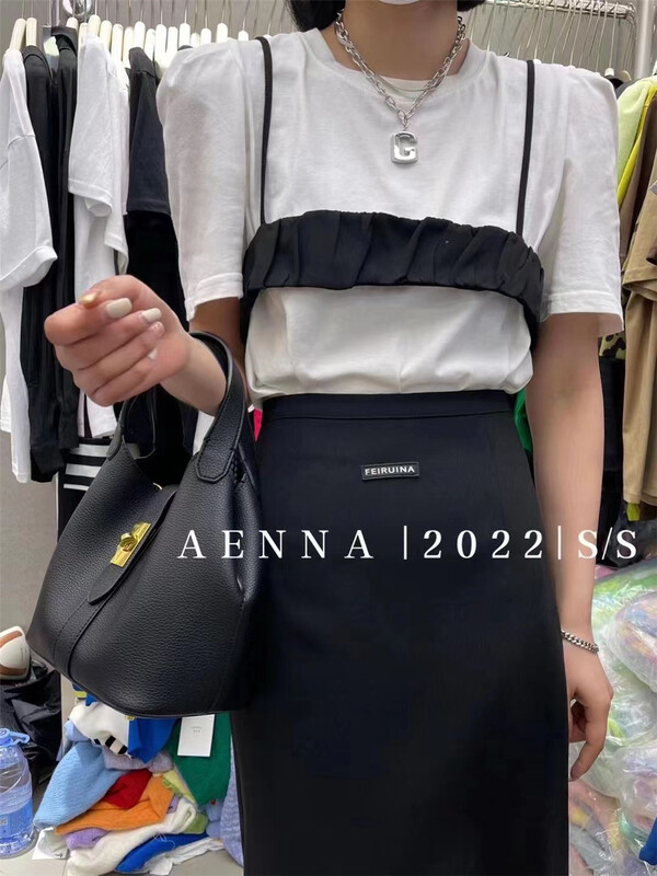 [aenna] Korean fake two piece design Short Sleeve T-shirt (T-shirt only) 8629# cqw