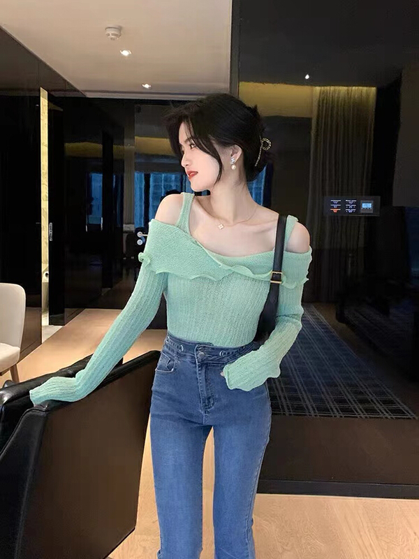 goods in stock! [are studio] simple and versatile ear lined one shoulder sweater 9867# WPL