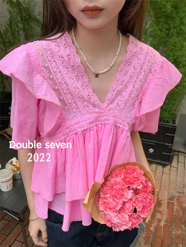New in early summer! [double seven] V-neck lace layered blouse 20653-2# zxx