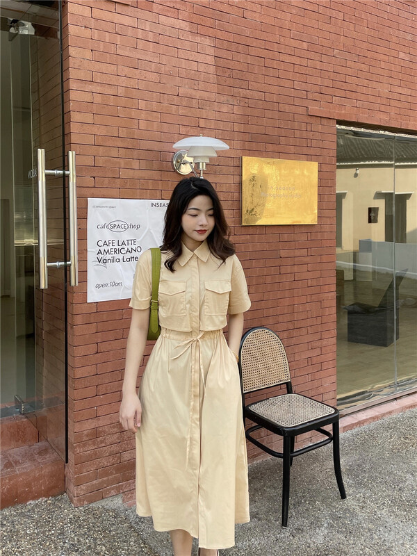 New in early summer! [woo shop] commuting simple shirt collar waist lace up dress 32861# WPL