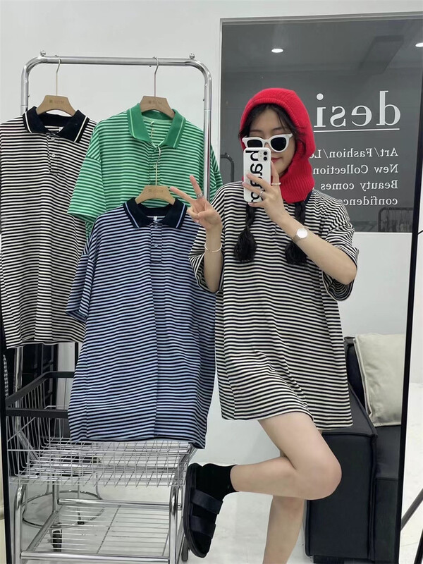 [Miss Jia] Korean striped polo collar dress 6648# XYY
