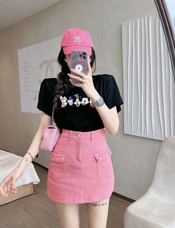 [JH] cartoon design cotton T-shirt + denim skirt suit 41731# PCZ