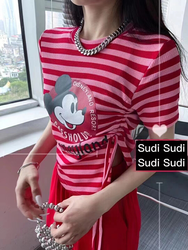 [Julia] Korean round neck stripe Mickey print irregular drawstring short sleeve T-shirt (short sleeves only) 2250# HBx