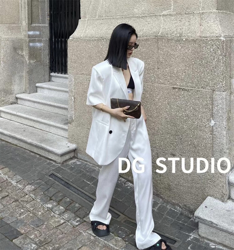 goods in stock! New in early summer! [DG] high street fashion short sleeved suit + high waist straight trousers acetic acid suit (with belt) 8083# XJ