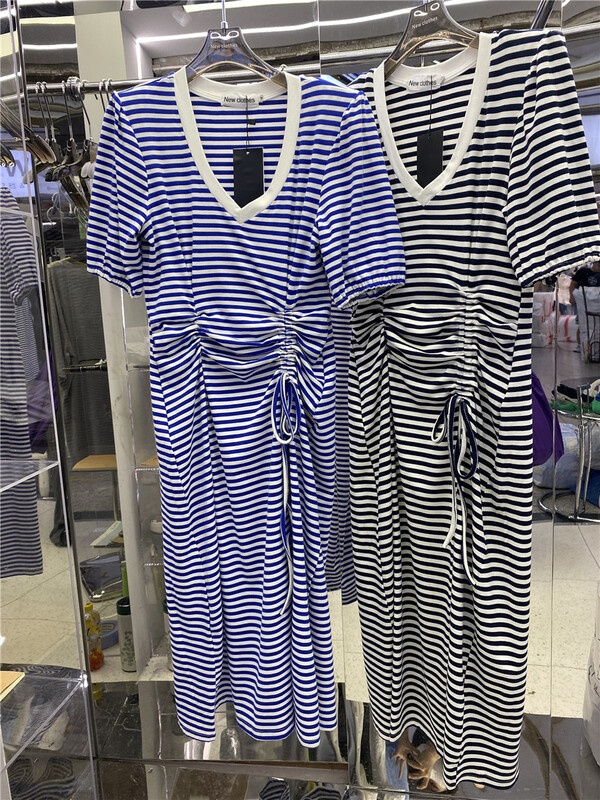 [new clothes] V-neck striped drawstring dress 6009# LSW