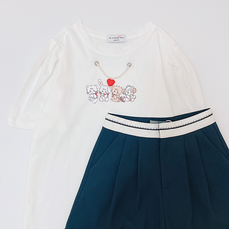 [lucky] fashionable and versatile cartoon printed short sleeve T-shirt (with necklace) (T-shirt only) 8750# HBx