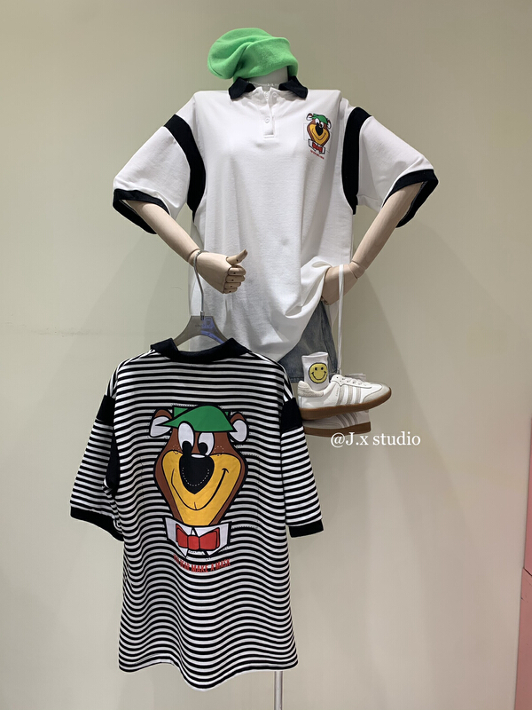 New in early summer! [JX] stripe cartoon print short sleeve T-shirt t1503# WTT