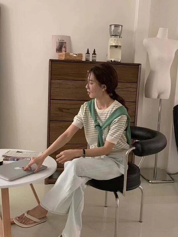 [RS] casual stripe short sleeve T-shirt (with shawl) m2019# XYY