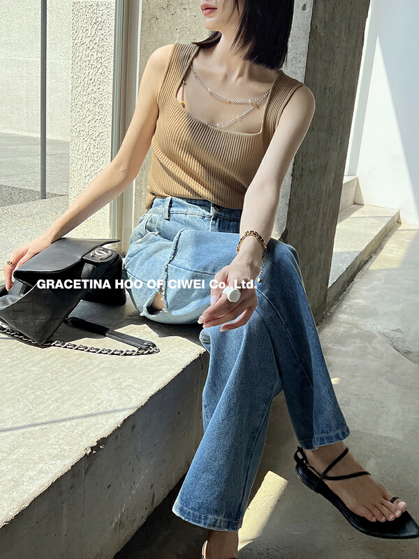 goods in stock! New in early summer! [gracetina Hoo] jeans n175# zxl with high waist and wide leg knife cutting holes on both sides