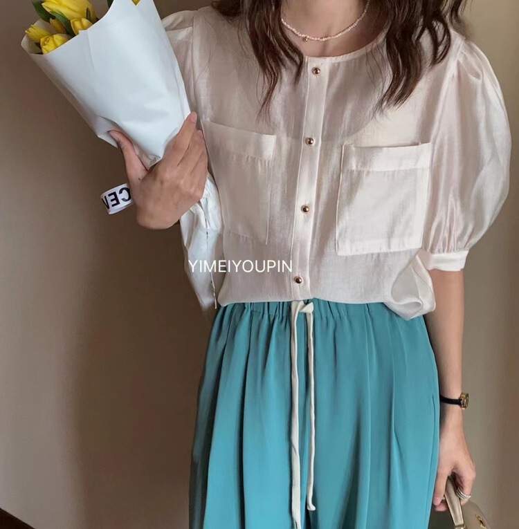 goods in stock! New in early summer! [Yimei] round neck Fashion Chiffon Blouse 6066# LSL