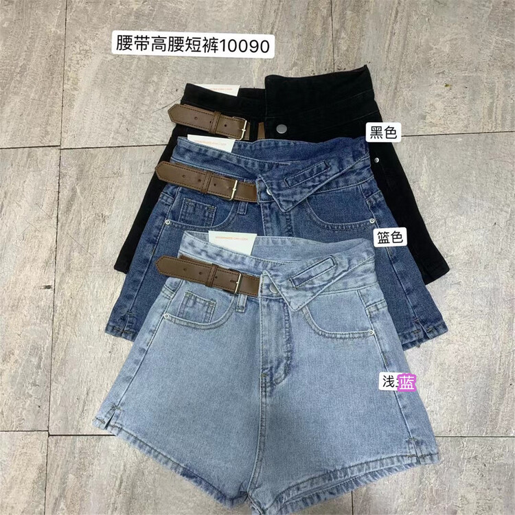 早春上新！【木船站】高腰小皮帶拼接牛仔短褲(小皮帶不可拆)  10090#  HJY