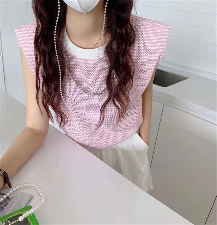 [Ruoyan] round neck striped sleeveless knitted vest (with detachable chain) 3105# PCZ