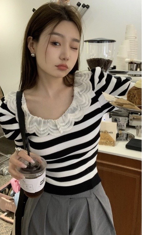goods in stock! New in early summer! [orange] striped lace stitched short sleeve T-shirt 6622# HBx