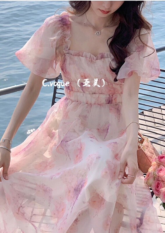 New in early summer! [c.vogue] French light luxury tie dyed mesh bubble sleeve floral dress 29931# PCZ