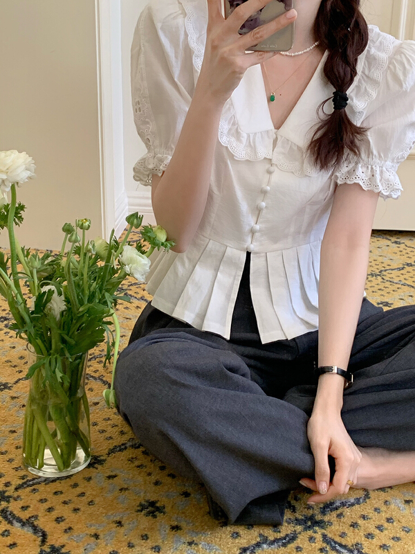 New in early summer! [timely rain] Korean Style Lace stitching crimping high waist bubble short sleeve shirt 64259# WPL