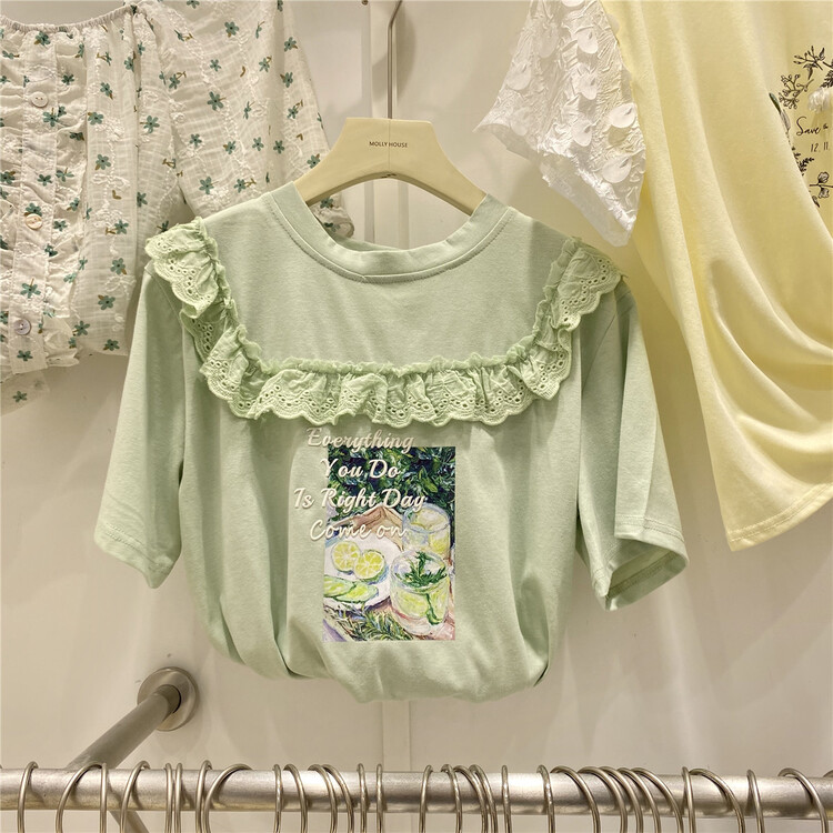 New in early summer! [purpler] Korean sweet Ruffle round neck short sleeve T-shirt 0627# hjy