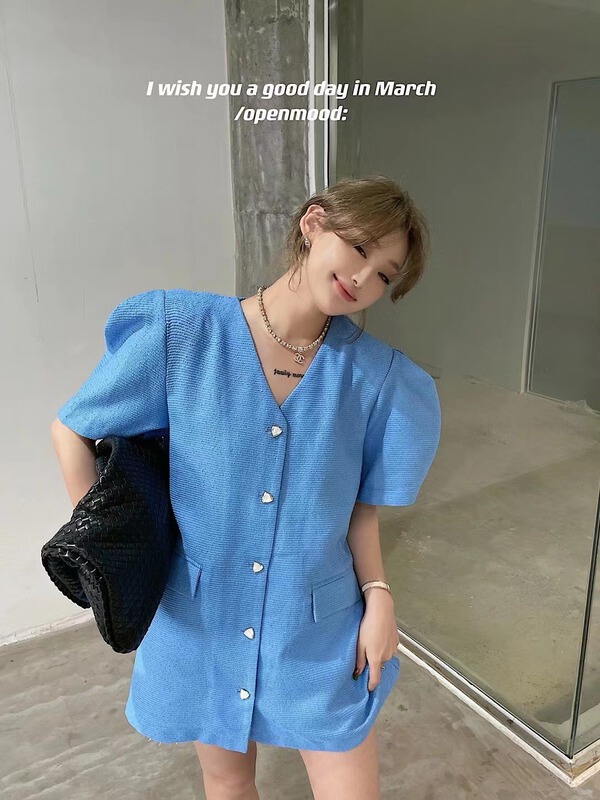 New in early summer! [open] Korean version solid color short sleeved dress 8760# ozq