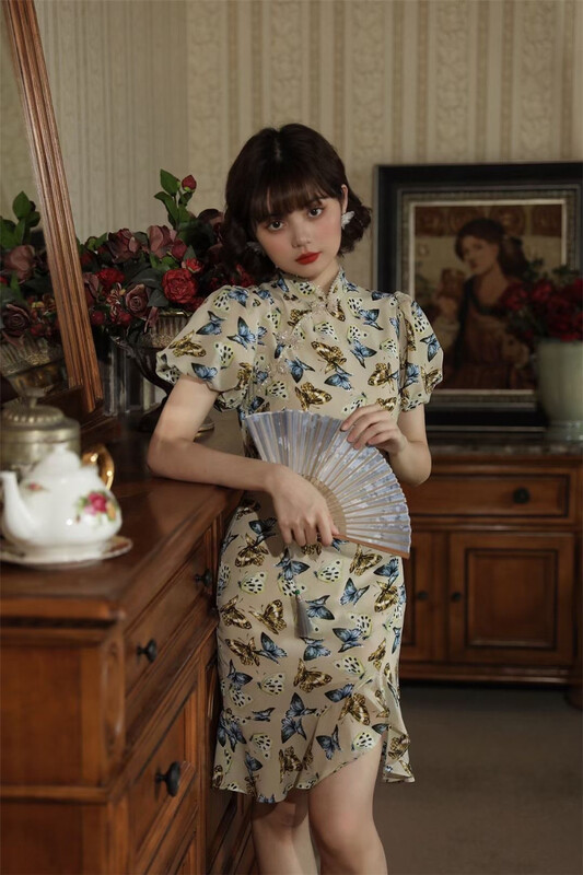 [Joyce stang] stand collar buckle butterfly print dress 21092# JJ