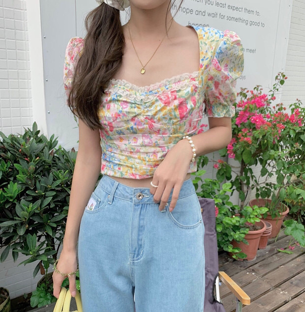 New in early summer! [Doudou family] Fangling girls' Oil Painting Department Printed lace blouse 88187# CLS