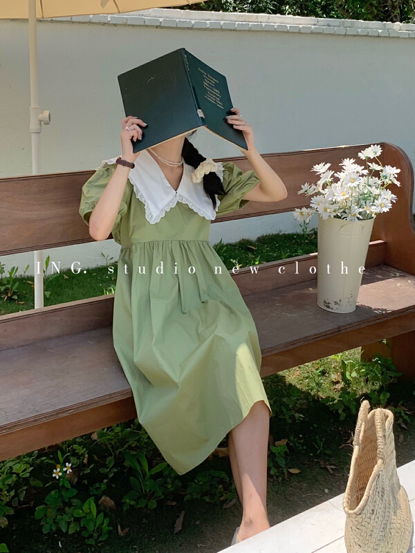 Original price 81.21! New in early summer! [ing] sweet aging waistband lace up Navy neck loose dress 6962# HBx