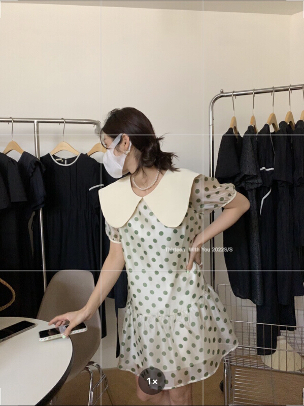 [thirten 13] contrast color wave dot sweet bow dress 1669# XYY