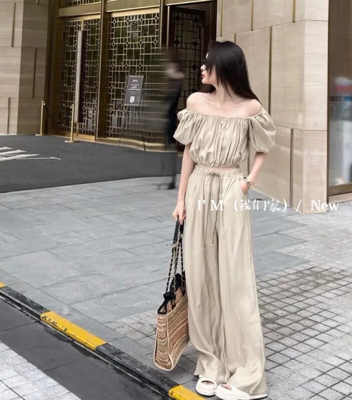 [I'm] solid color straight neck short shirt + loose casual pants two piece suit 90125# cqw