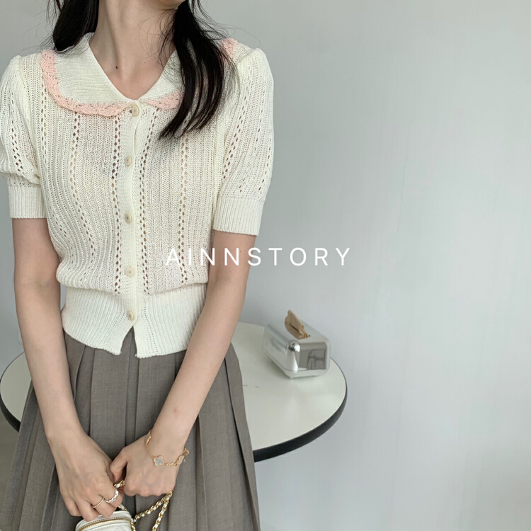 goods in stock! New in early summer! [ainnstory] Korean color blocking Lapel short sleeve sweater c195# HBx