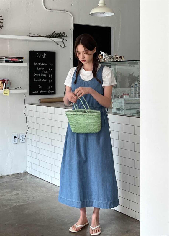 New in early summer! [acme group] Korean style design drawstring waist closed sleeveless denim strap skirt 0996# CLS